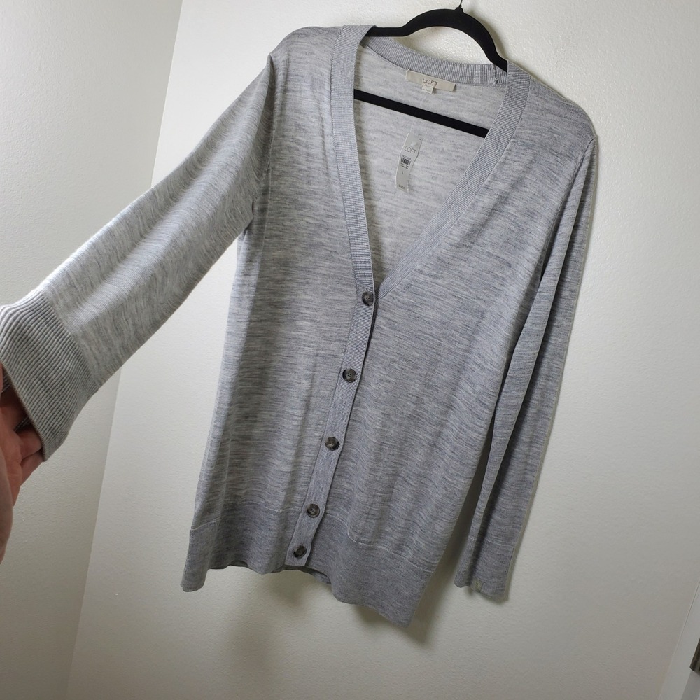 LOFT Womens Heathered Gray Cardigan Wool Blend Knit Button Up Sweater Size Large - Picture 6 of 10